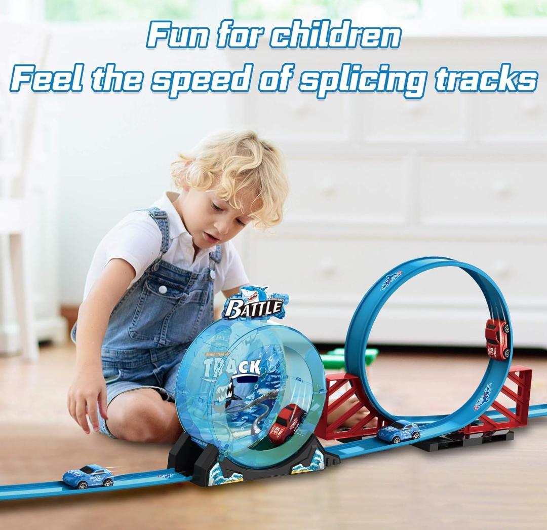Shark Track Battle Loop Car Racing Set - 23 Pcs with 360 Degree Loop, Twist-Open Rocker & 2 Cars (Ages 3+)