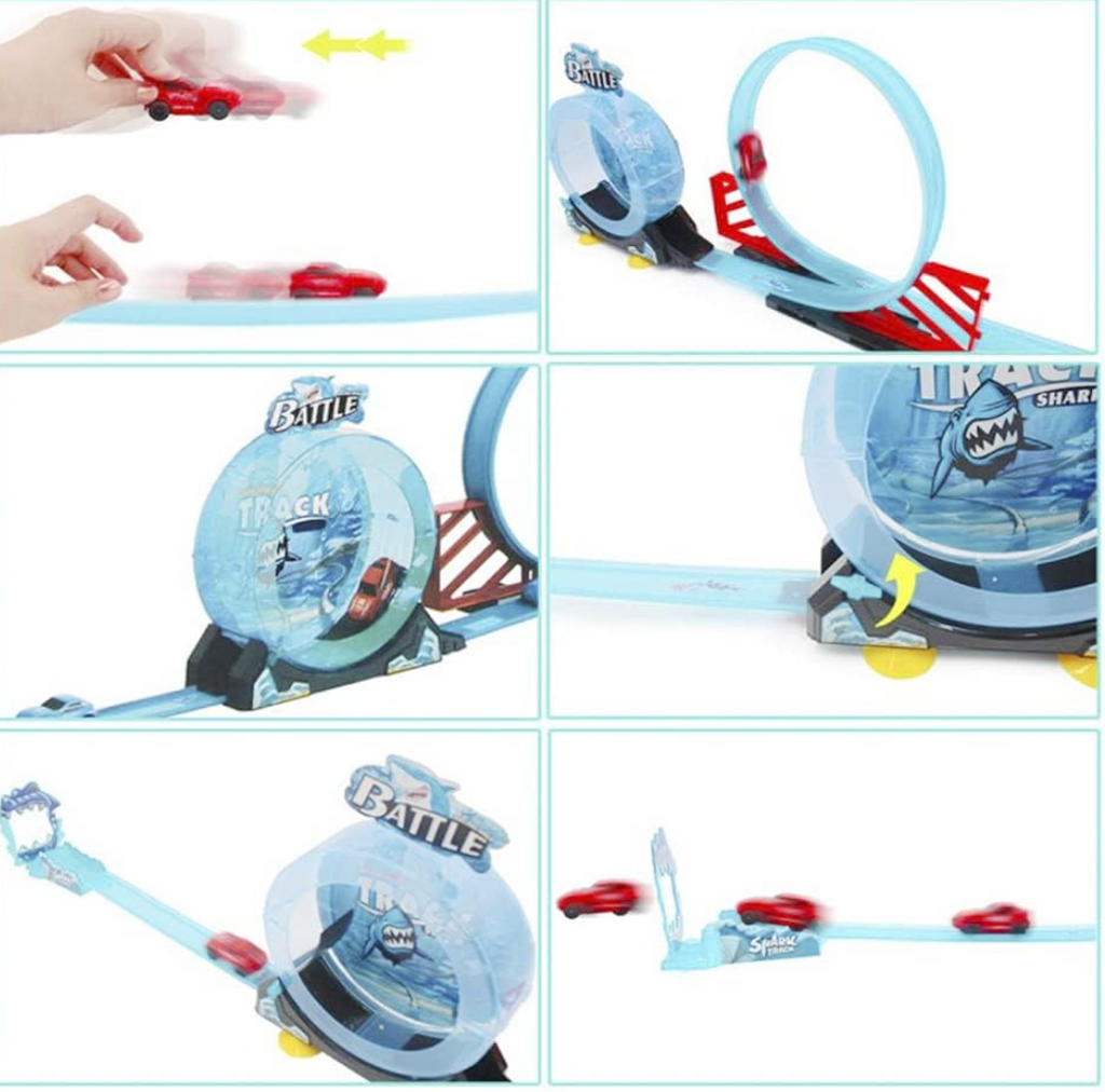 Shark Track Battle Loop Car Racing Set - 23 Pcs with 360 Degree Loop, Twist-Open Rocker & 2 Cars (Ages 3+)