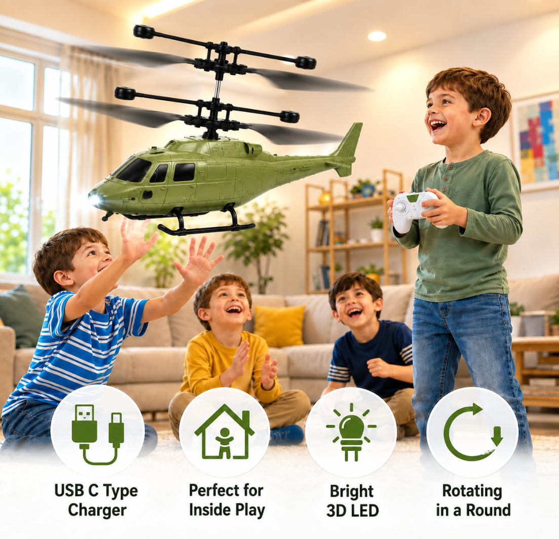 Beso Remote Control Helicopter for Kids – Rechargeable Flying Toy with Gravity Sensor & LED Lights