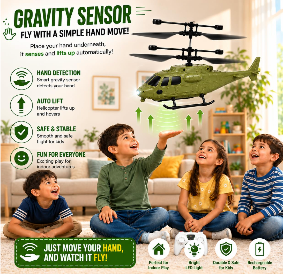Beso Remote Control Helicopter for Kids – Rechargeable Flying Toy with Gravity Sensor & LED Lights