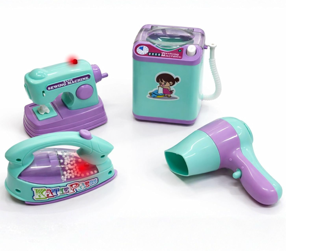 Mini Home Appliance Set for Kids – Washing Machine, Sewing Machine, Iron & Hair Dryer Pretend Play Toys
