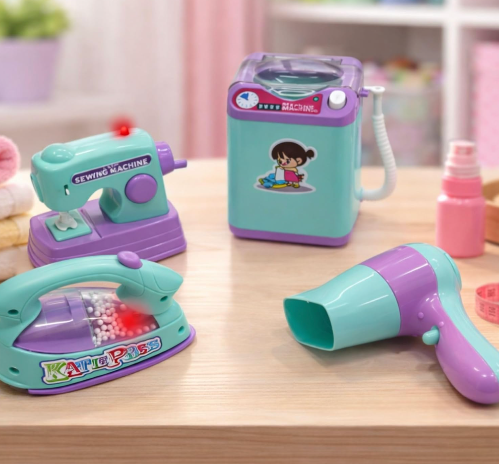Mini Home Appliance Set for Kids – Washing Machine, Sewing Machine, Iron & Hair Dryer Pretend Play Toys