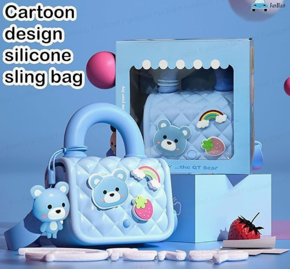 Nikoniko Cartoon Silicone Sling Bag for Kids - Bunny & Bear Handbag with Rainbow Charms