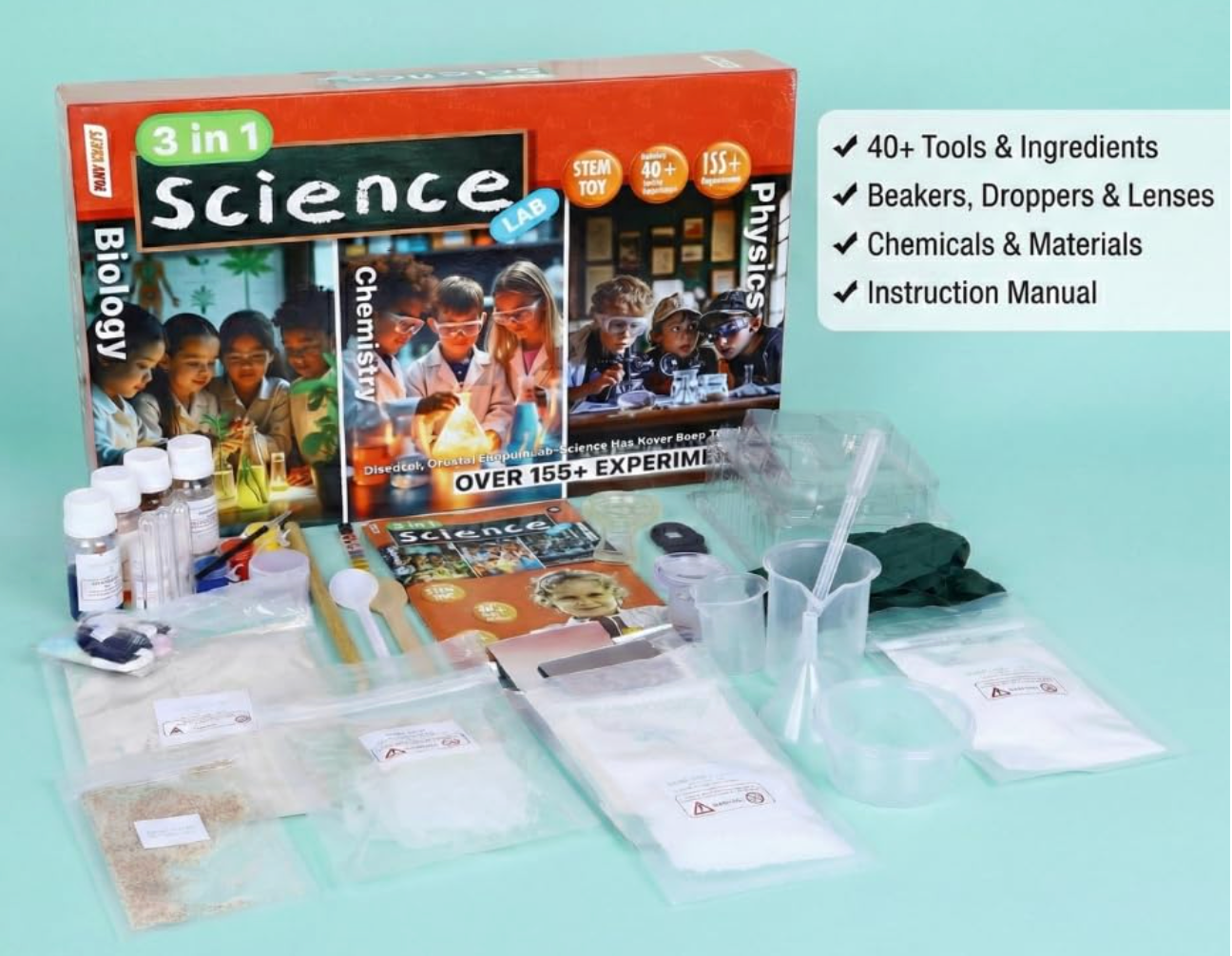 3-in-1 Science Lab Kit - 155+ Experiments (Biology, Chemistry & Physics STEM Kit)