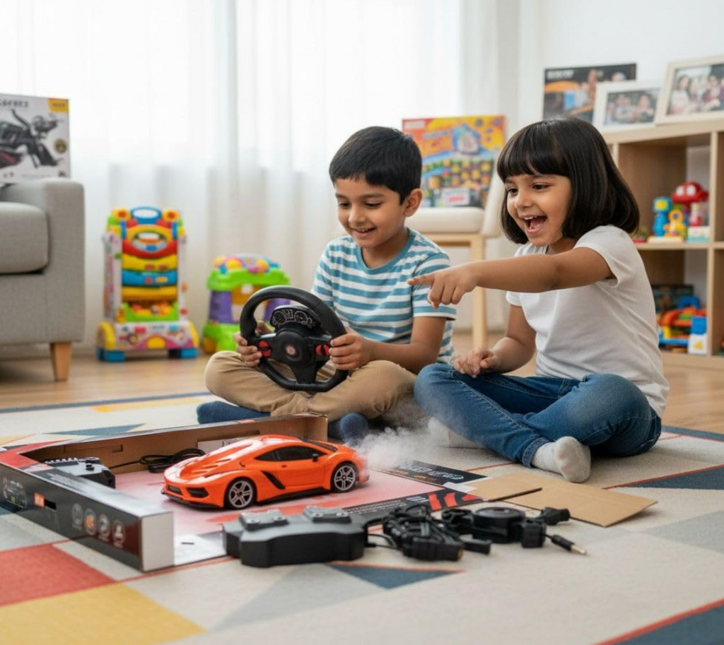 Kids Playing with RC Car and Steering Wheel