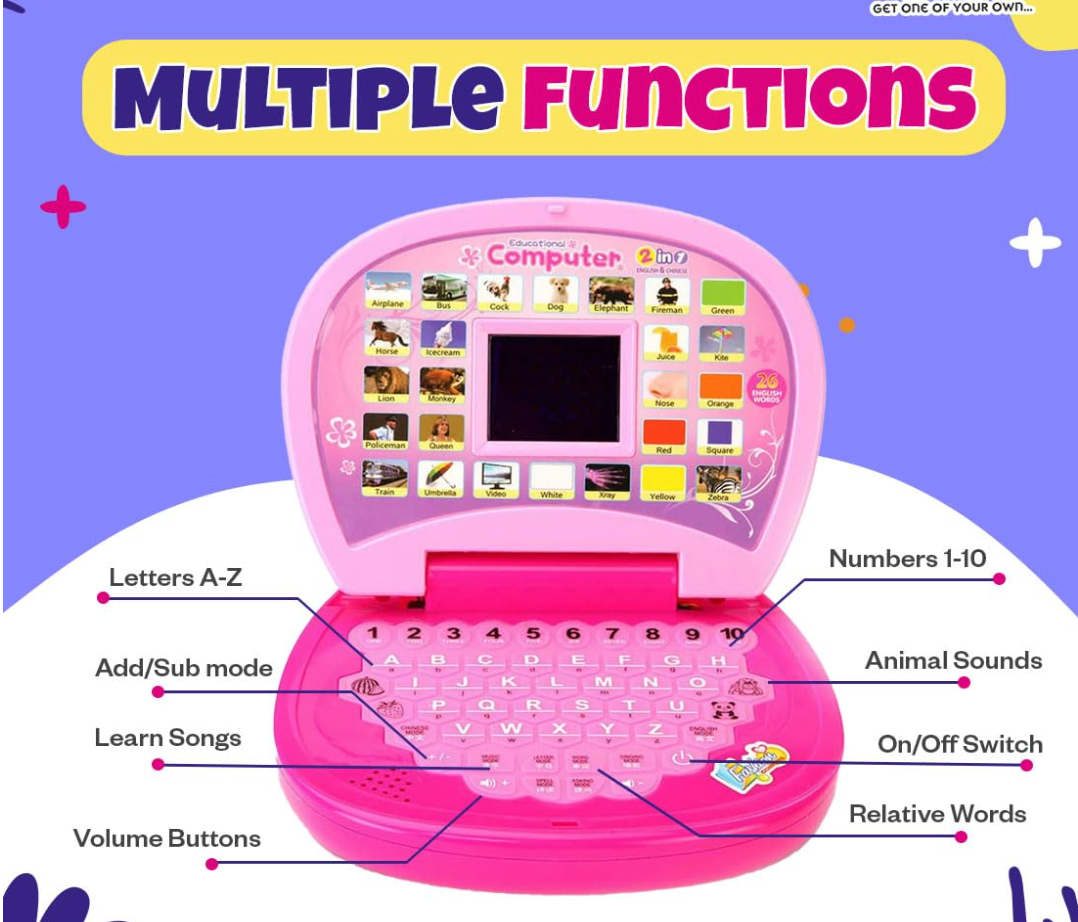 Educational Learning Laptop Toy with LED Display and Musical Effects | Play & Learn with Fun | Indoor Toy for Kids | Educational Toy | Pink | 3xAA Battery (Not Included)