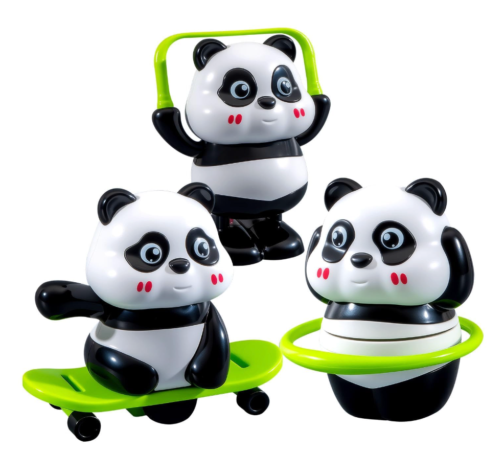 Cute Panda Action Toy Set for Kids, 3 PCS Interactive Rotating Panda Play Figures with Skateboard, Hula Hoop & Jump Rope, Educational Moving Toys Gift for Boys and Girls Age 3+