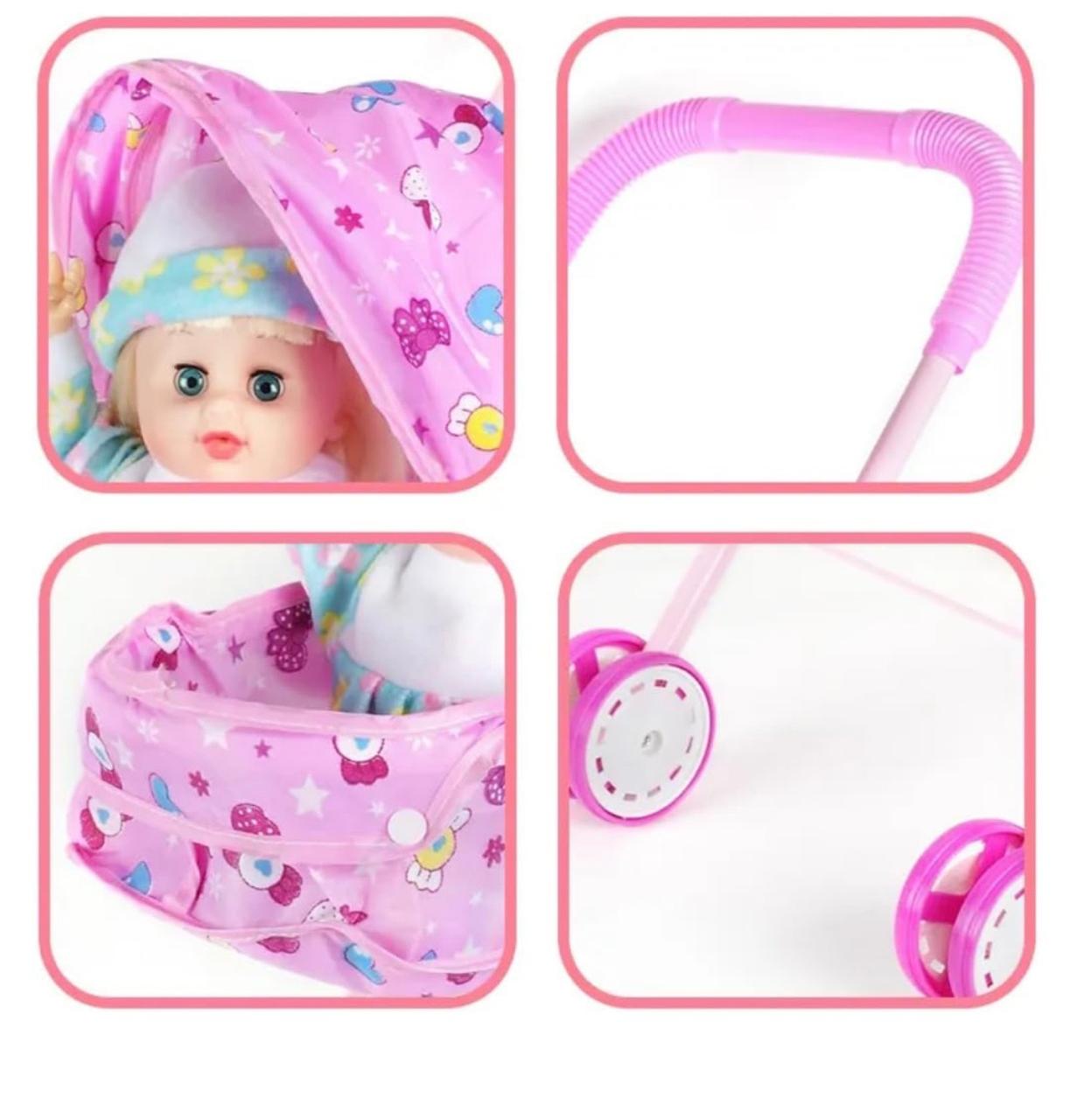 Baby Doll Pram Stroller Set – Foldable Toy Pram with Canopy, Baby Doll & Smooth Rolling Wheels | Pretend Play Pushchair