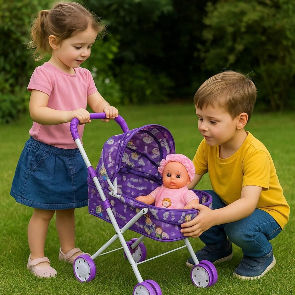 Baby Doll Pram Stroller Set – Foldable Toy Pram with Canopy, Baby Doll & Smooth Rolling Wheels | Pretend Play Pushchair