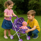 Baby Doll Pram Stroller Set – Foldable Toy Pram with Canopy, Baby Doll & Smooth Rolling Wheels | Pretend Play Pushchair