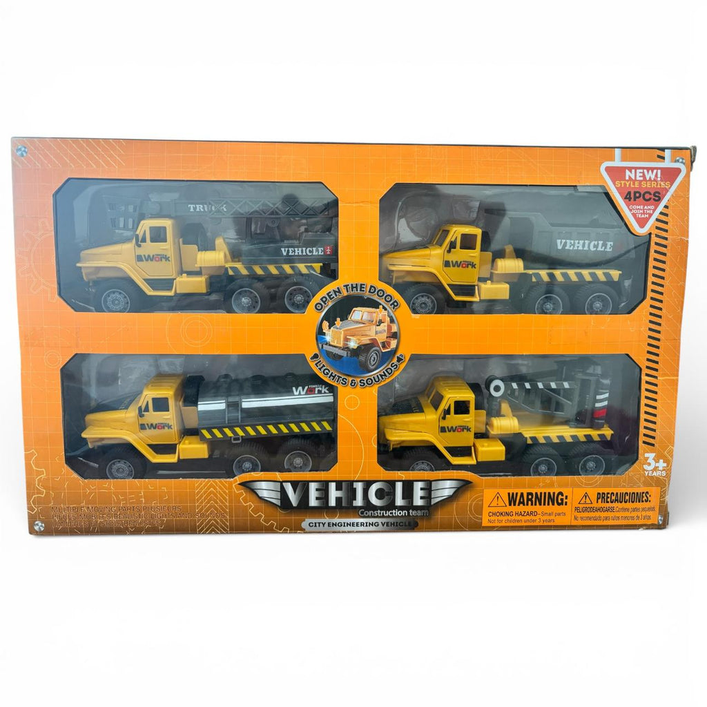 Vehicle Construction Team City Engineering Truck Set – 4 Piece Die-Cast Style with Lights, Sounds & Opening Doors