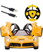 RC Sports Car with One-Key Auto Door Open – LED Headlights, Steering Wheel Controller | 26cm Yellow Supercar