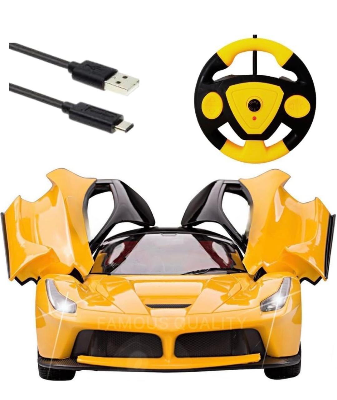RC Sports Car with One-Key Auto Door Open – LED Headlights, Steering Wheel Controller | 26cm Yellow Supercar