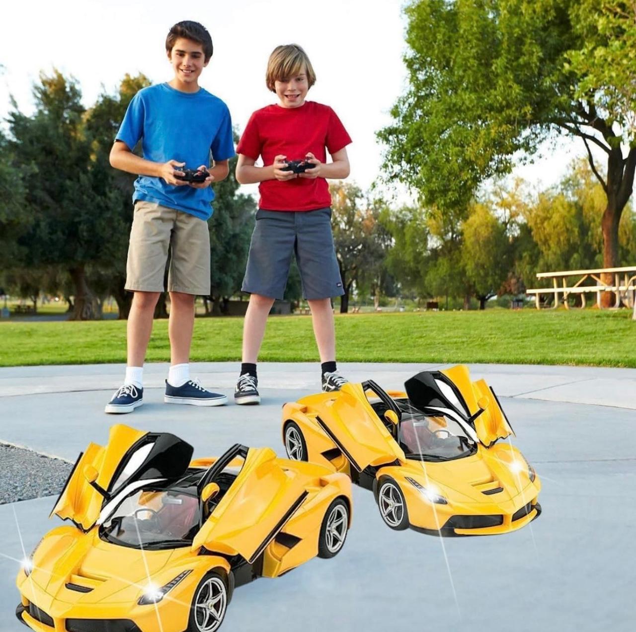 RC Sports Car with One-Key Auto Door Open – LED Headlights, Steering Wheel Controller | 26cm Yellow Supercar