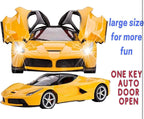 RC Sports Car with One-Key Auto Door Open – LED Headlights, Steering Wheel Controller | 26cm Yellow Supercar