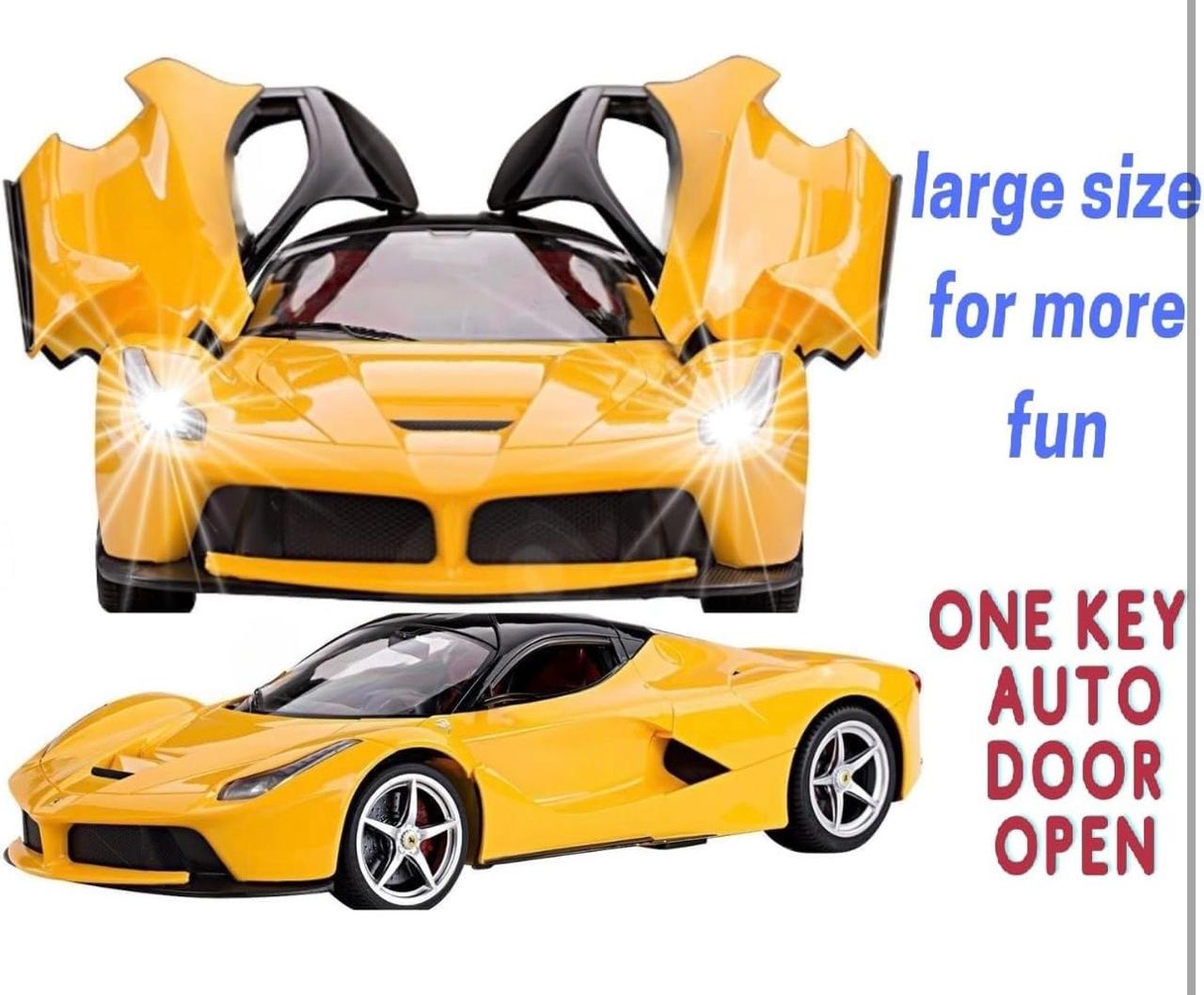 RC Sports Car with One-Key Auto Door Open – LED Headlights, Steering Wheel Controller | 26cm Yellow Supercar