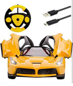 RC Sports Car with One-Key Auto Door Open – LED Headlights, Steering Wheel Controller | 26cm Yellow Supercar
