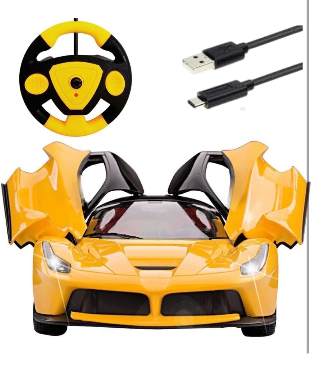 RC Sports Car with One-Key Auto Door Open – LED Headlights, Steering Wheel Controller | 26cm Yellow Supercar