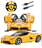 RC Sports Car with One-Key Auto Door Open – LED Headlights, Steering Wheel Controller | 26cm Yellow Supercar