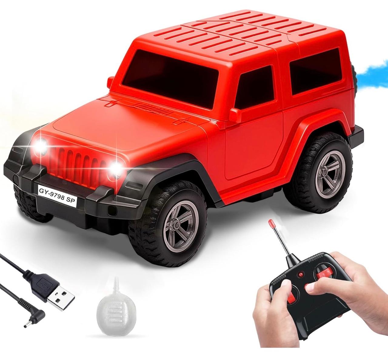 RC Jeep SUV with Spray Effect – 5-Function Radio Control Car with Glowing Headlights, Music & Anti-Skid Tyres |