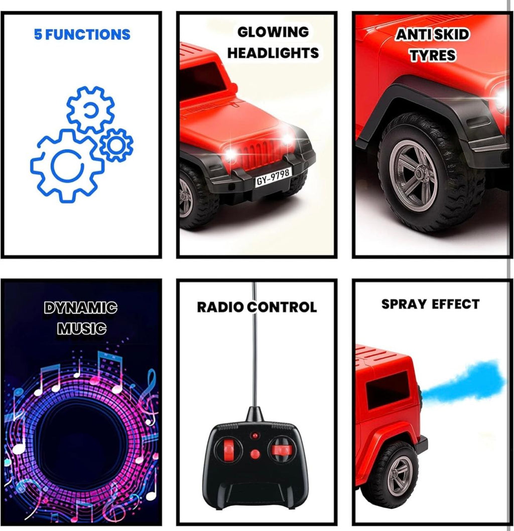 RC Jeep SUV with Spray Effect – 5-Function Radio Control Car with Glowing Headlights, Music & Anti-Skid Tyres |