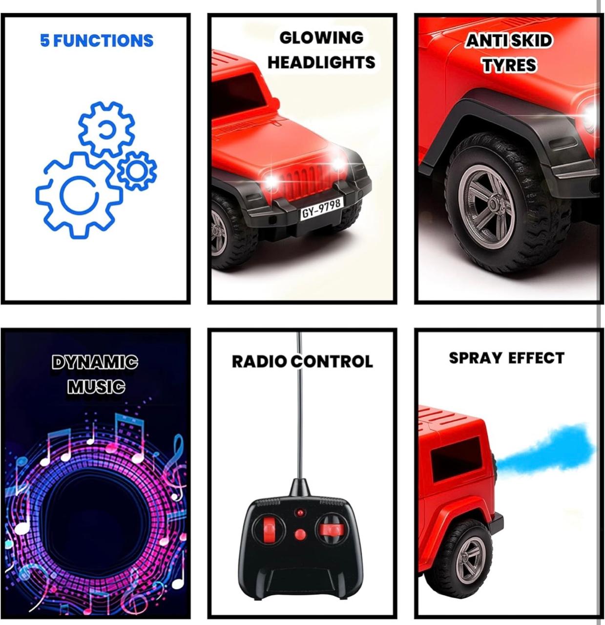RC Jeep SUV with Spray Effect – 5-Function Radio Control Car with Glowing Headlights, Music & Anti-Skid Tyres |