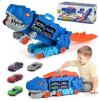 Dinosaur Deformation Car Carrier Truck – 2-in-1 T-Rex Race Track Launcher with Mini Cars | Press & Slide Dual Racing