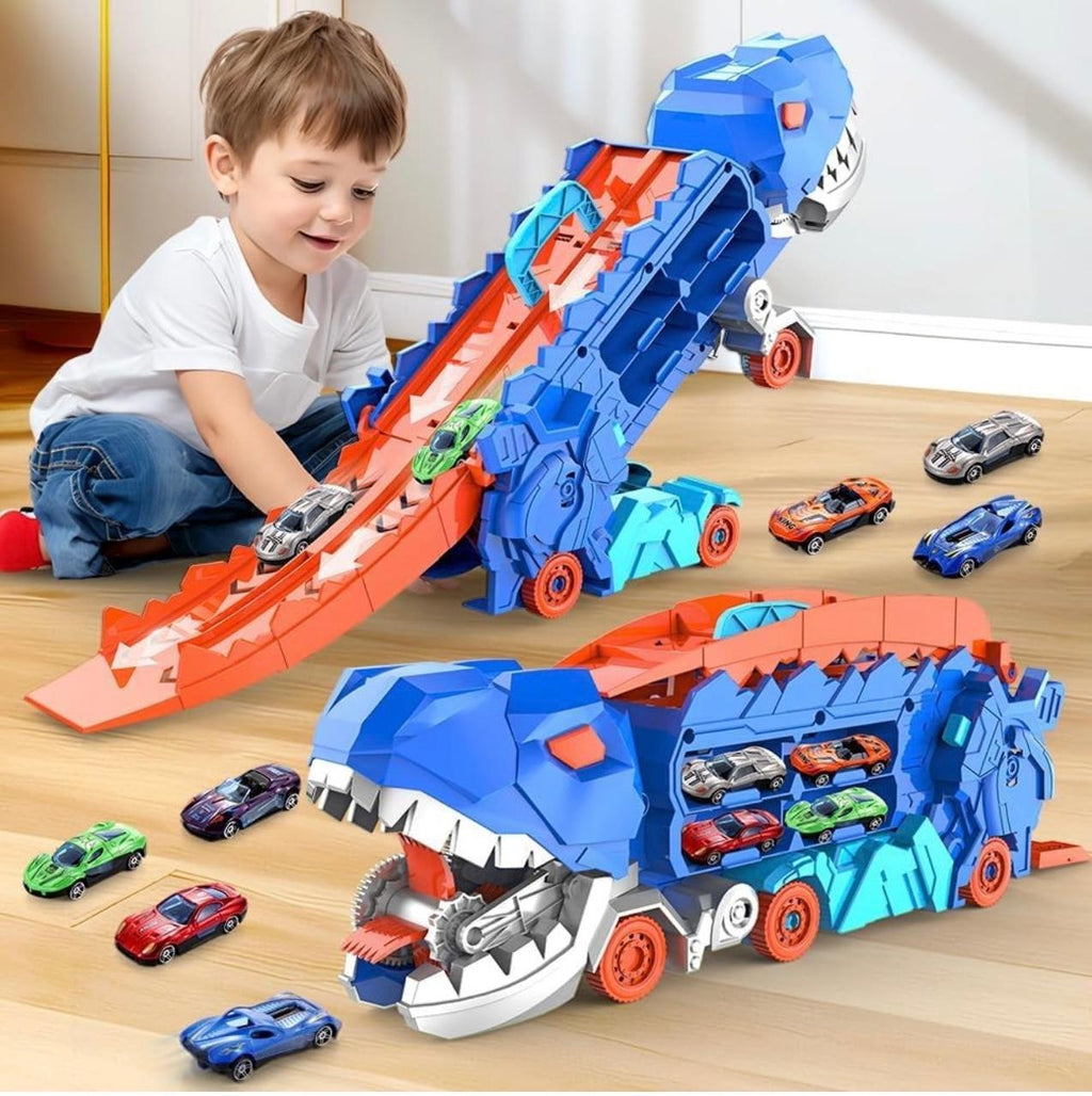 Dinosaur Deformation Car Carrier Truck – 2-in-1 T-Rex Race Track Launcher with Mini Cars | Press & Slide Dual Racing