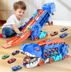 Dinosaur Deformation Car Carrier Truck – 2-in-1 T-Rex Race Track Launcher with Mini Cars | Press & Slide Dual Racing