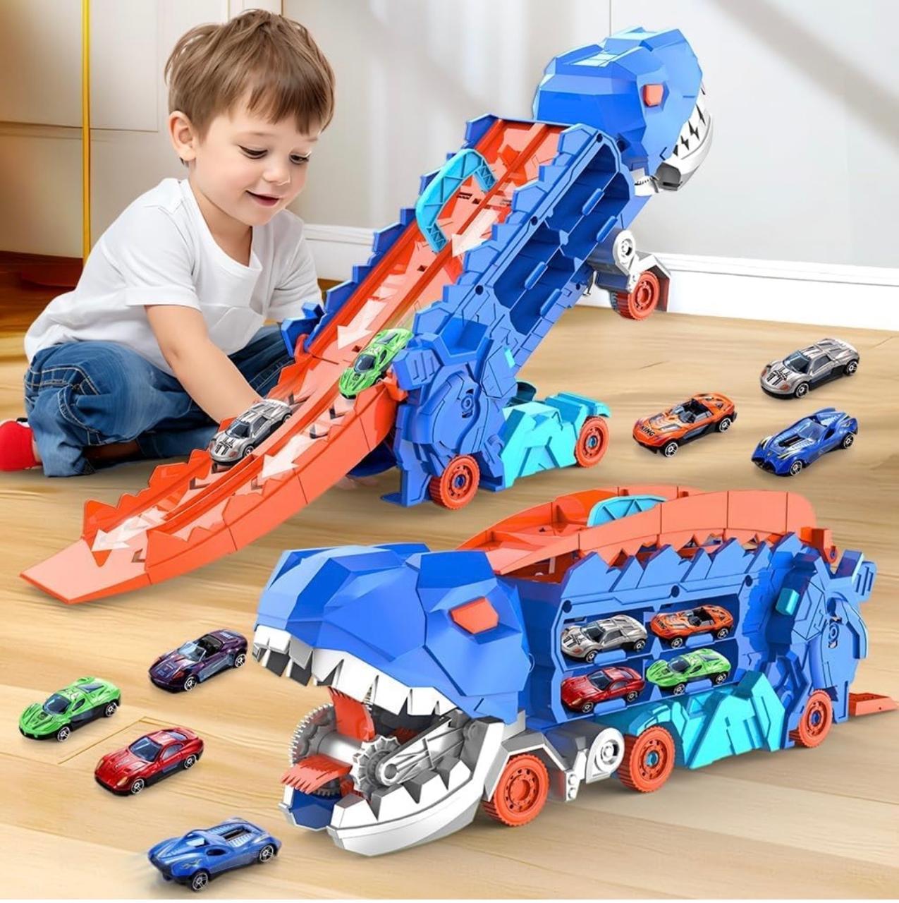 Dinosaur Deformation Car Carrier Truck – 2-in-1 T-Rex Race Track Launcher with Mini Cars | Press & Slide Dual Racing