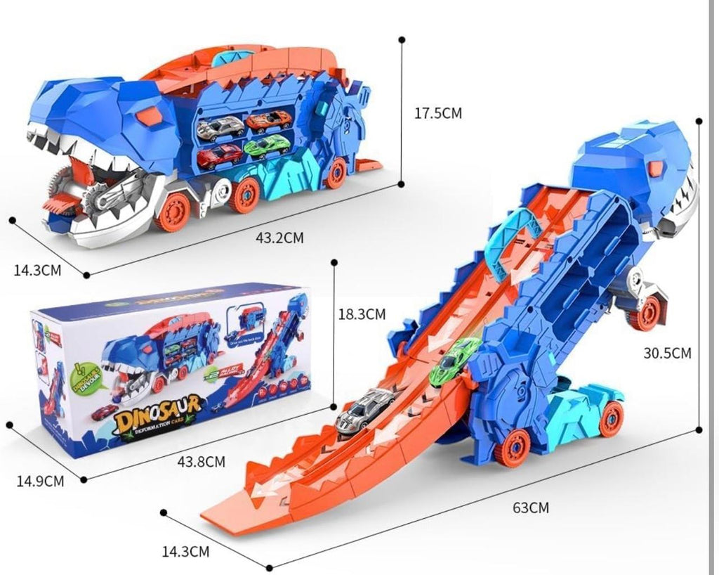 Dinosaur Deformation Car Carrier Truck – 2-in-1 T-Rex Race Track Launcher with Mini Cars | Press & Slide Dual Racing