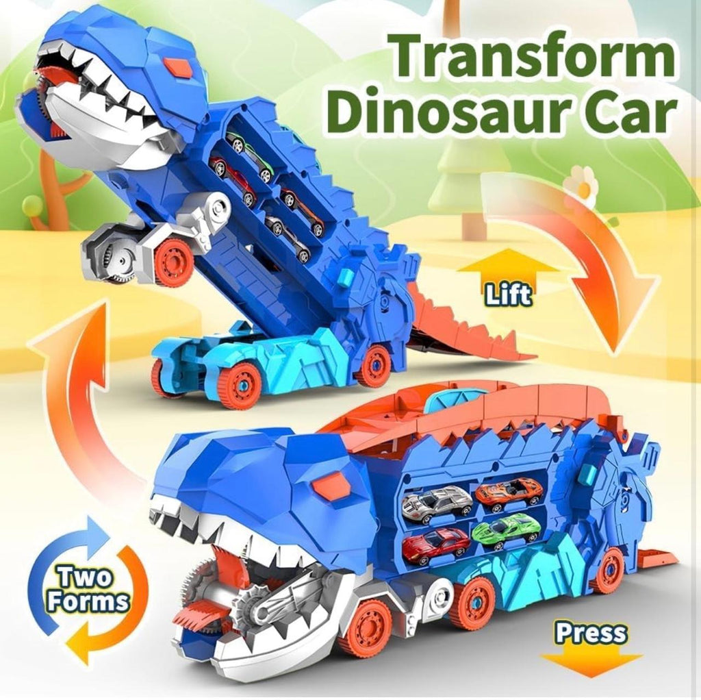 Dinosaur Deformation Car Carrier Truck – 2-in-1 T-Rex Race Track Launcher with Mini Cars | Press & Slide Dual Racing