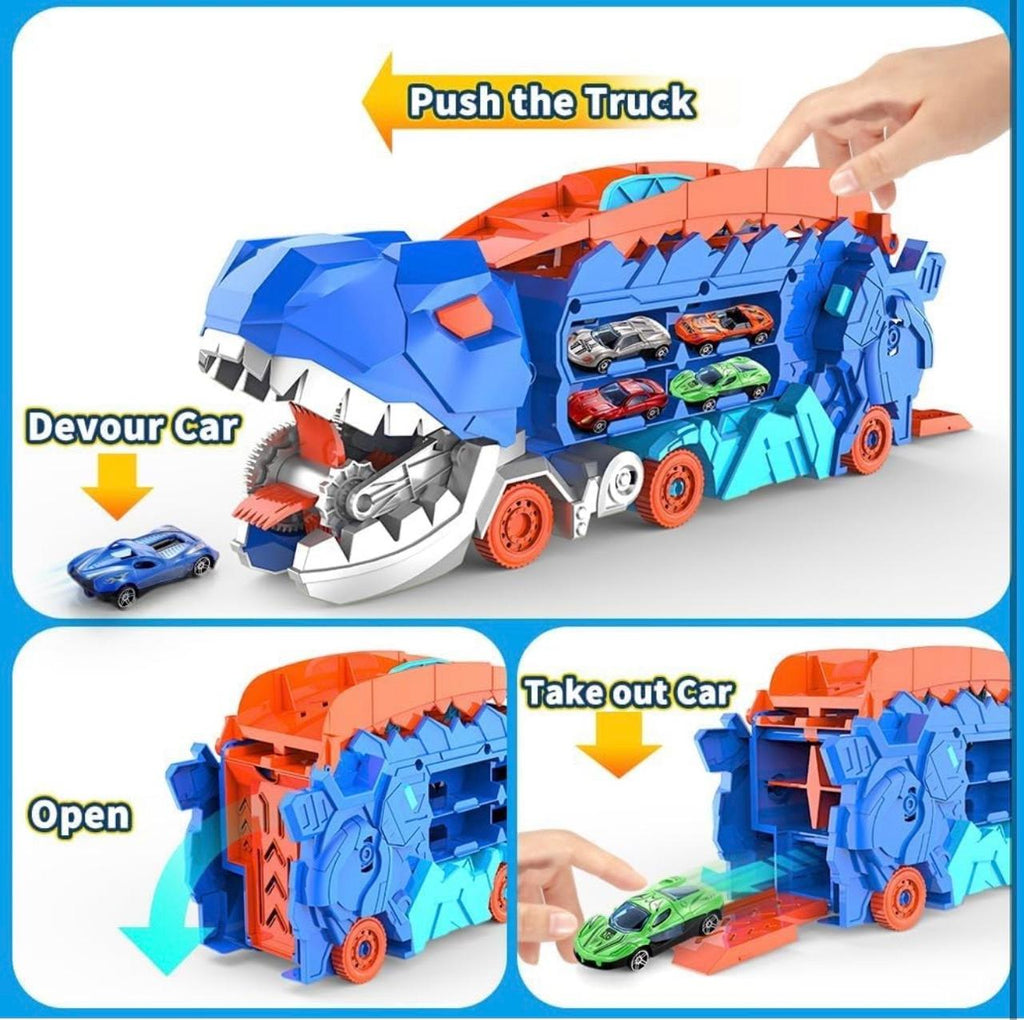 Dinosaur Deformation Car Carrier Truck – 2-in-1 T-Rex Race Track Launcher with Mini Cars | Press & Slide Dual Racing