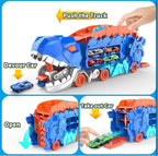 Dinosaur Deformation Car Carrier Truck – 2-in-1 T-Rex Race Track Launcher with Mini Cars | Press & Slide Dual Racing