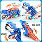 Dinosaur Deformation Car Carrier Truck – 2-in-1 T-Rex Race Track Launcher with Mini Cars | Press & Slide Dual Racing