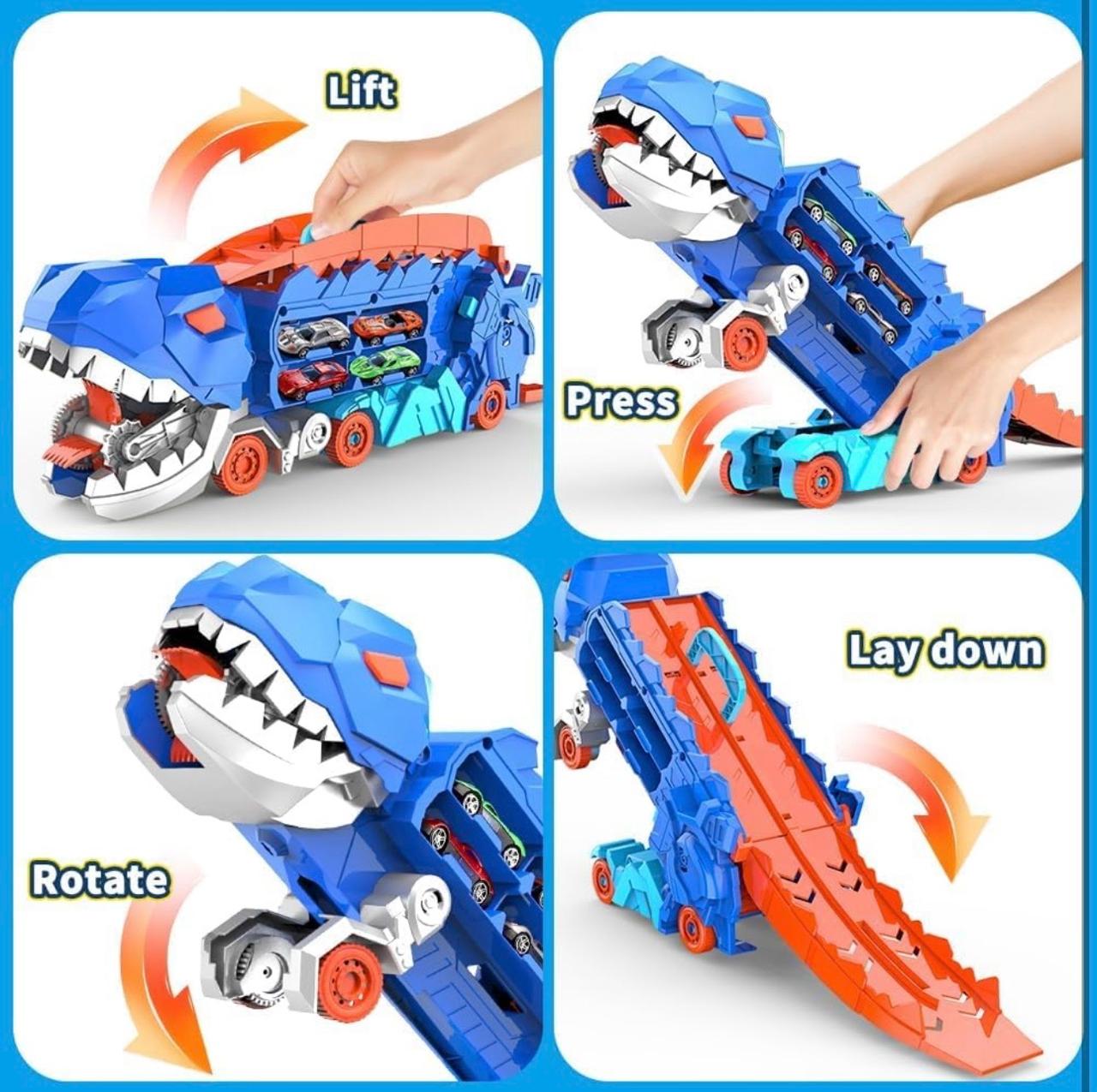Dinosaur Deformation Car Carrier Truck – 2-in-1 T-Rex Race Track Launcher with Mini Cars | Press & Slide Dual Racing