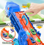 Dinosaur Deformation Car Carrier Truck – 2-in-1 T-Rex Race Track Launcher with Mini Cars | Press & Slide Dual Racing