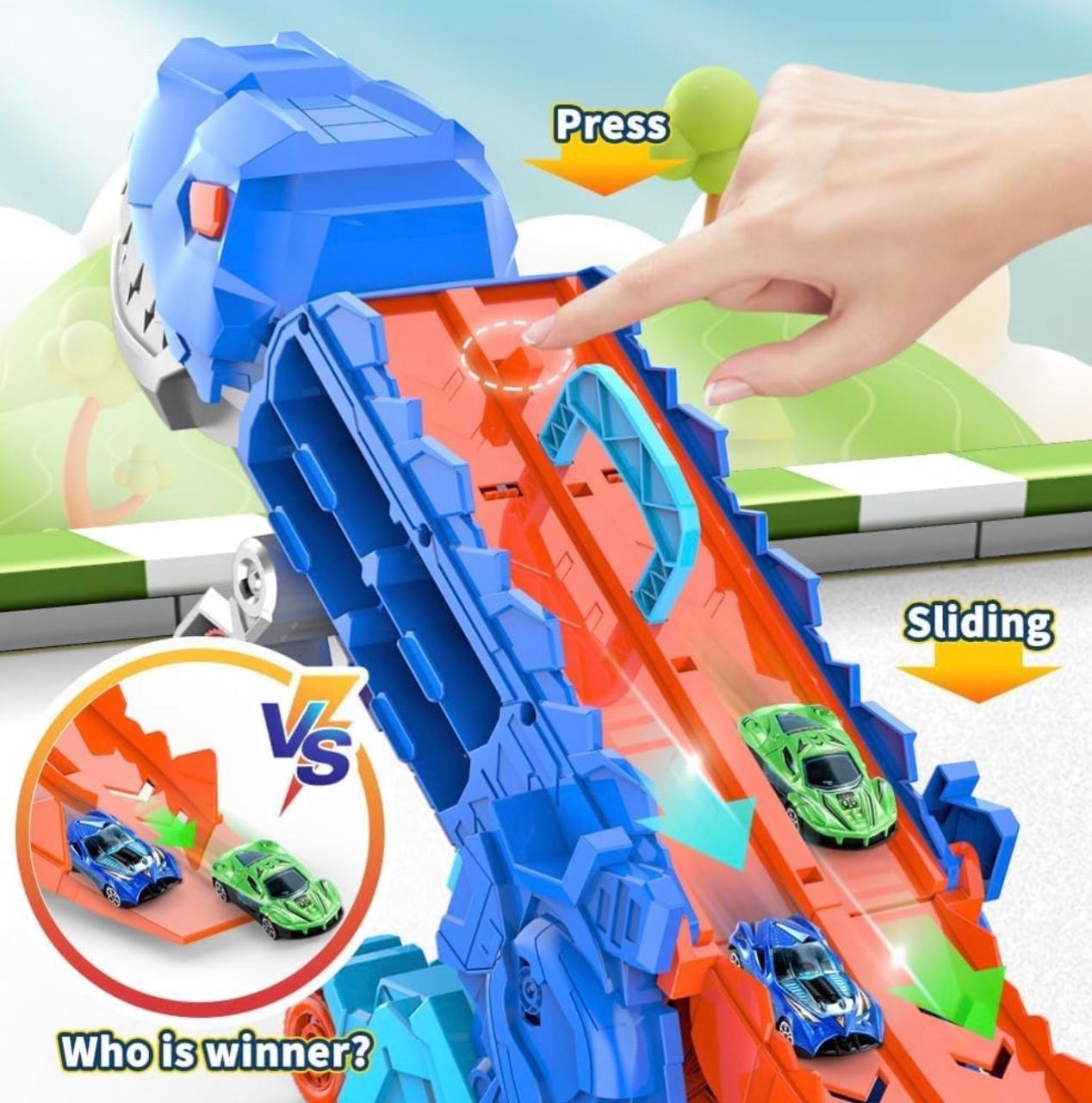 Dinosaur Deformation Car Carrier Truck – 2-in-1 T-Rex Race Track Launcher with Mini Cars | Press & Slide Dual Racing