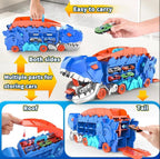 Dinosaur Deformation Car Carrier Truck – 2-in-1 T-Rex Race Track Launcher with Mini Cars | Press & Slide Dual Racing