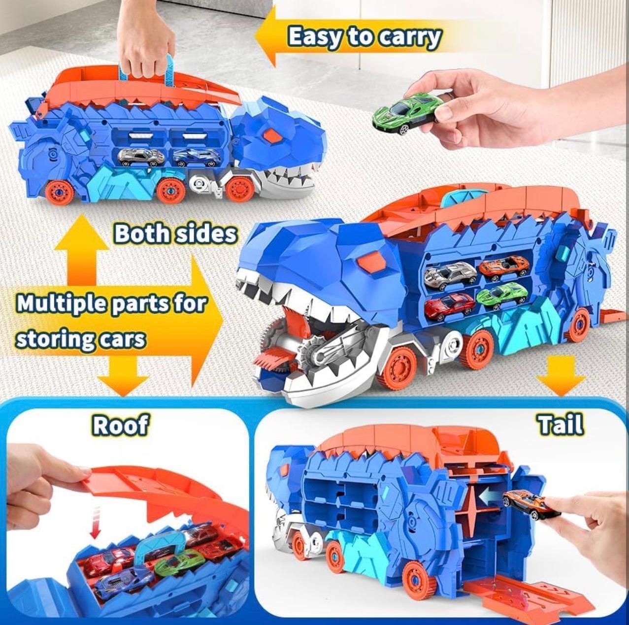 Dinosaur Deformation Car Carrier Truck – 2-in-1 T-Rex Race Track Launcher with Mini Cars | Press & Slide Dual Racing