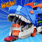 Dinosaur Deformation Car Carrier Truck – 2-in-1 T-Rex Race Track Launcher with Mini Cars | Press & Slide Dual Racing