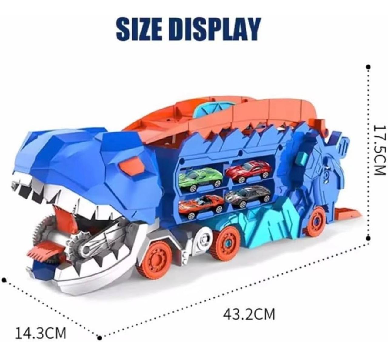 Dinosaur Deformation Car Carrier Truck – 2-in-1 T-Rex Race Track Launcher with Mini Cars | Press & Slide Dual Racing
