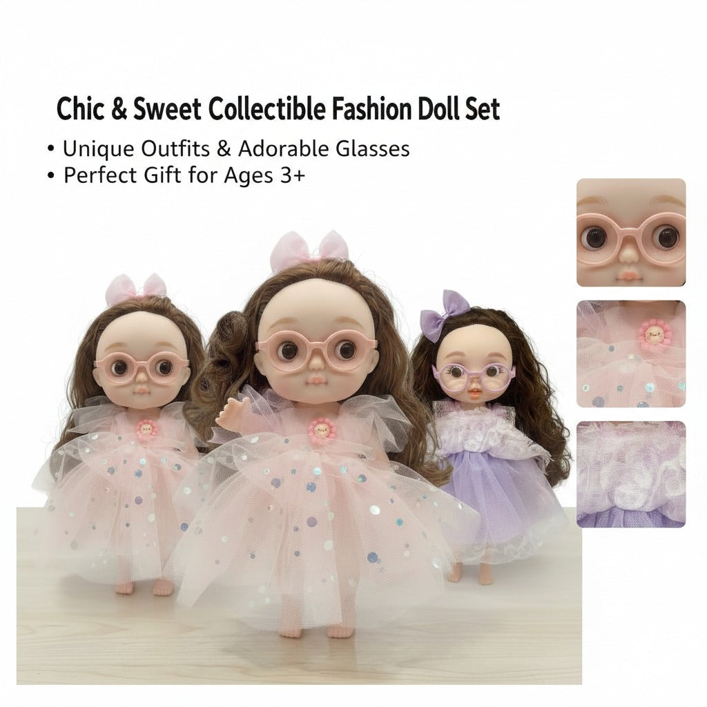 12 Inch Cute Fashion Doll for Girls with Glasses & Long Curly Hair – Princess Dress Doll Toy (Multiple Color Variants Available)