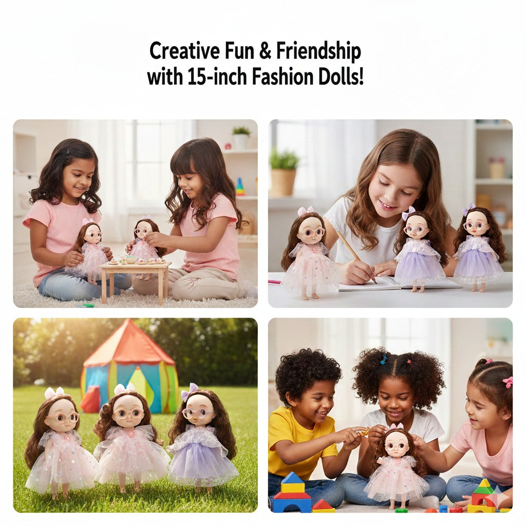12 Inch Cute Fashion Doll for Girls with Glasses & Long Curly Hair – Princess Dress Doll Toy (Multiple Color Variants Available)