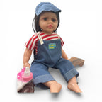 Realistic Baby Doll with Long Black Hair – Denim Outfit, Cap, Feeding Bottle & Pacifier | Soft Body Simulation Doll
