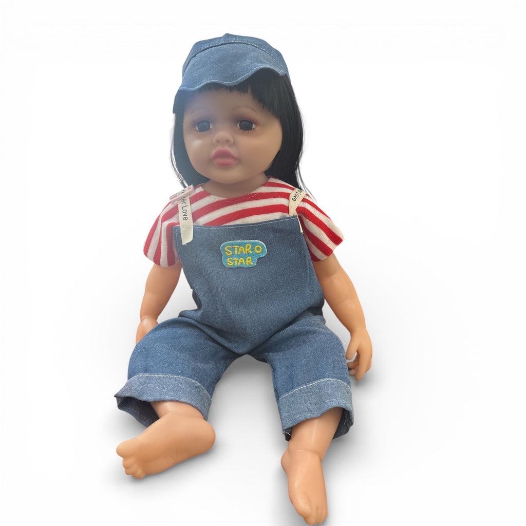 Realistic Baby Doll with Long Black Hair – Denim Outfit, Cap, Feeding Bottle & Pacifier | Soft Body Simulation Doll