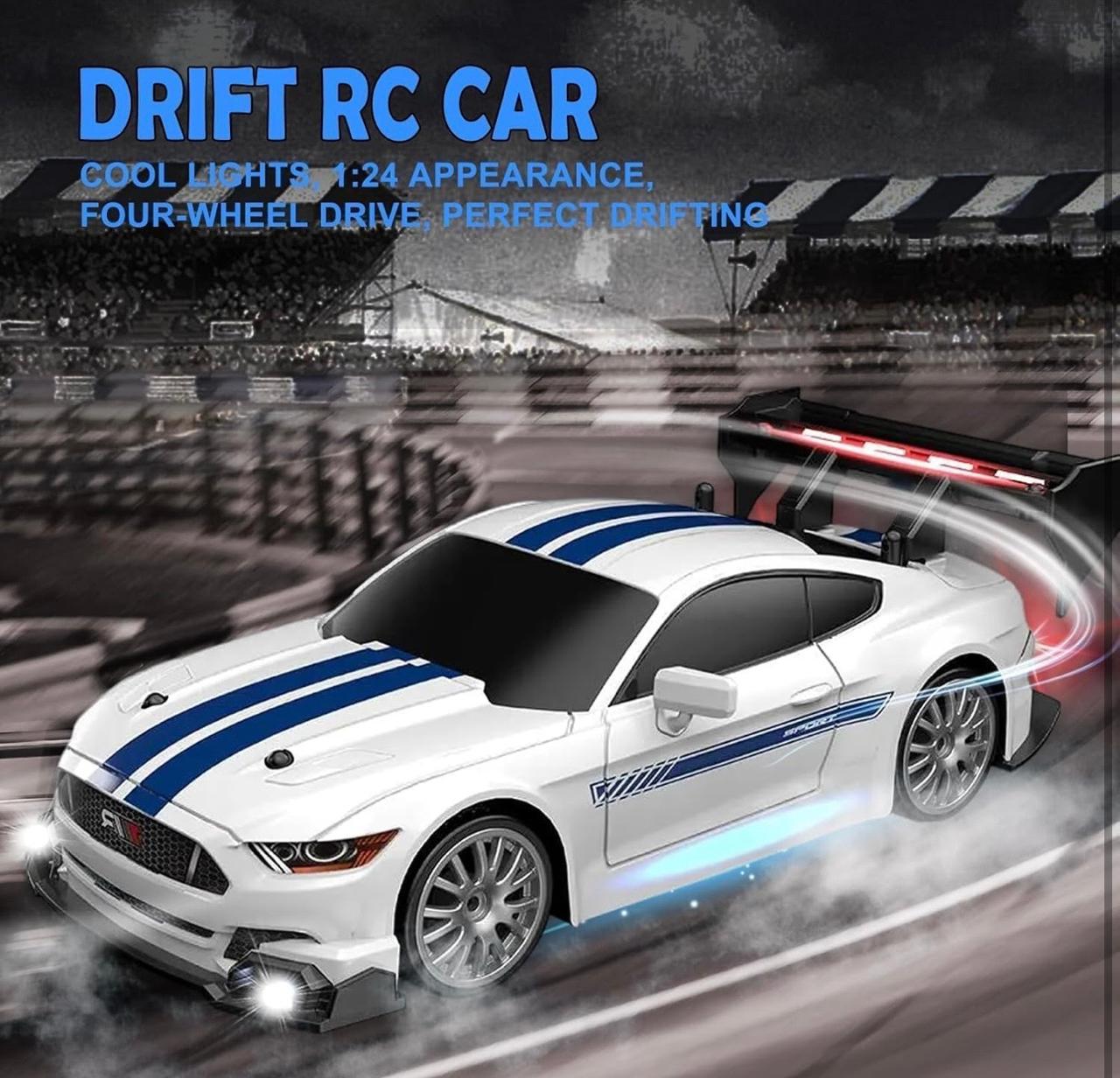 1:24 Scale Drift RC Racing Car – Four-Wheel Drive Sport Coupe with LED Lights, PVC Shell, Rubber Tyres & USB Rechargeable Battery