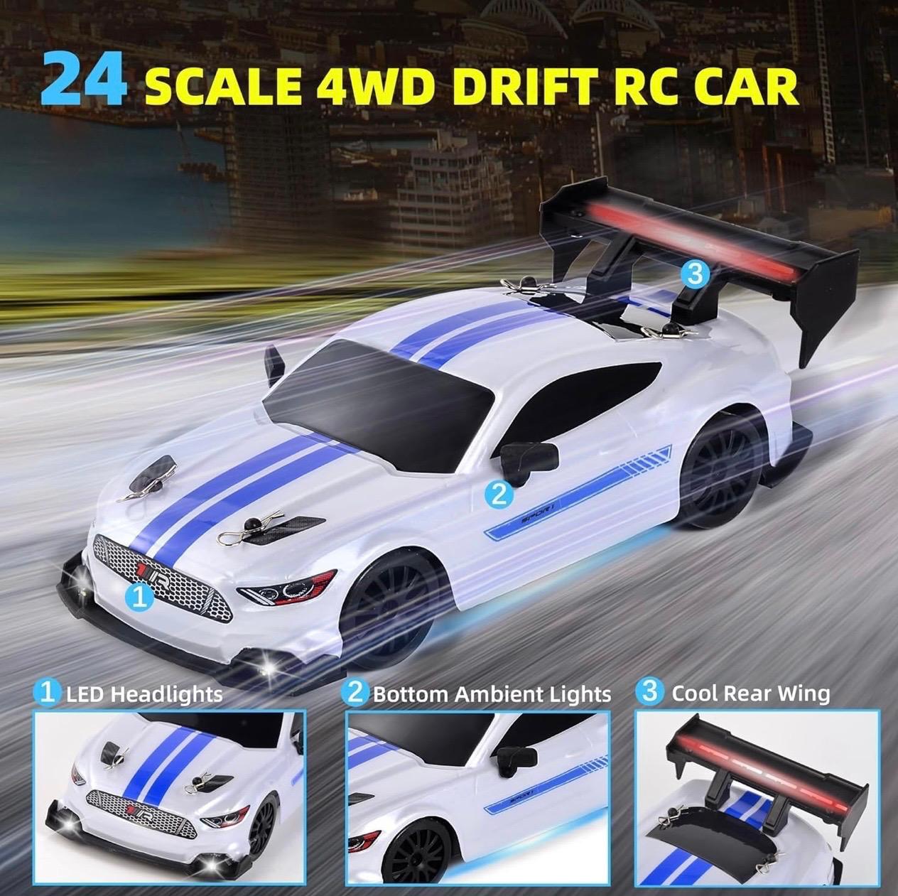 1:24 Scale Drift RC Racing Car – Four-Wheel Drive Sport Coupe with LED Lights, PVC Shell, Rubber Tyres & USB Rechargeable Battery