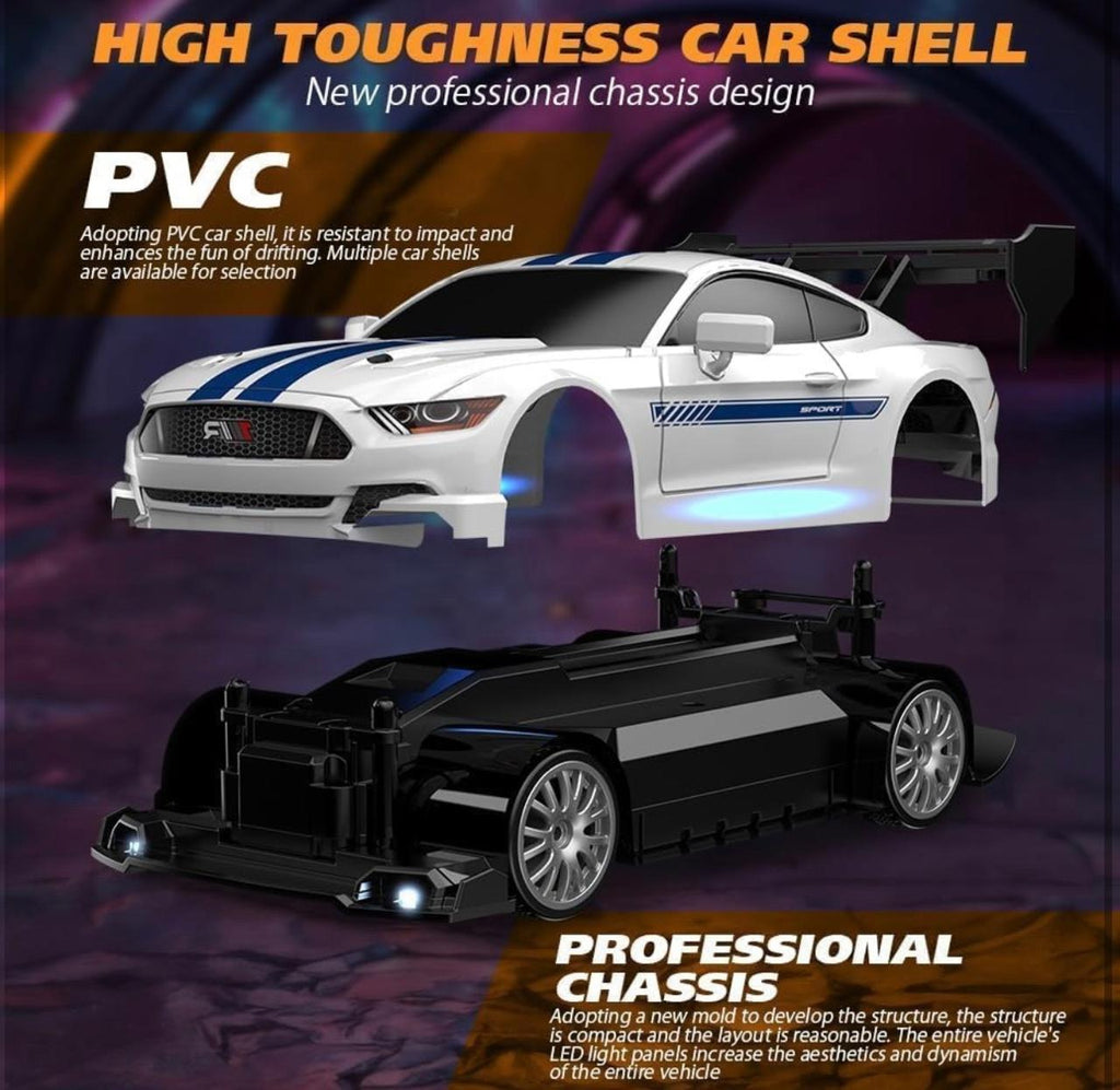 1:24 Scale Drift RC Racing Car – Four-Wheel Drive Sport Coupe with LED Lights, PVC Shell, Rubber Tyres & USB Rechargeable Battery