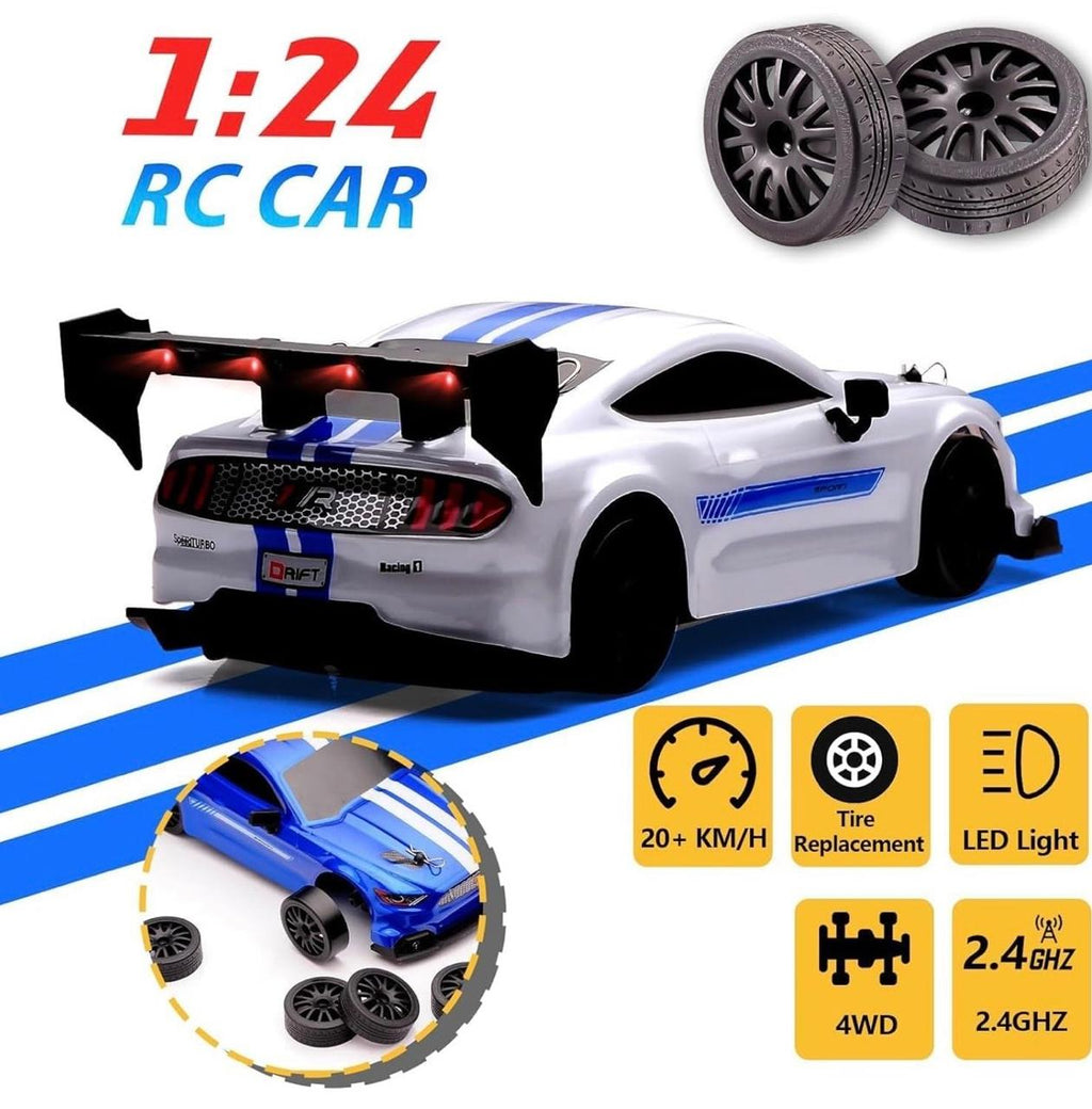 1:24 Scale Drift RC Racing Car – Four-Wheel Drive Sport Coupe with LED Lights, PVC Shell, Rubber Tyres & USB Rechargeable Battery